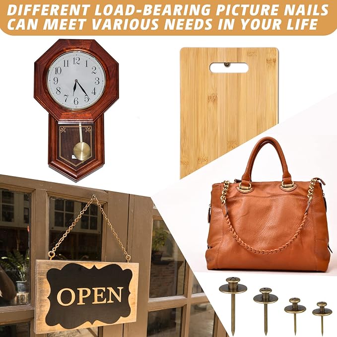 Zhengmy 40 Pcs Double Headed Picture Hangers Nails 4 Size Long Thumb Tacks Wall Nails for Hanging Pictures Decorative Push Pins Hooks for Drywall Photo Office Home Decor, 20/30/ 40/ 50lb(Bronze)