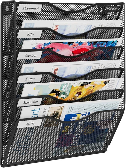 Wall File Organizer, 6 Tier Hanging File Folder Mail Organizer, Vertical Mesh Metal Wall Mount Hanging File Holder, Paper Document Magazine Rack for Home Office Black