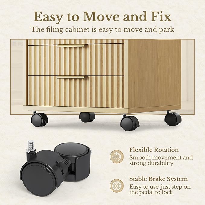 5 Drawer Chest, Under Desk Storage Wood Drawers with Wheels,Fluted File Cabinet for Home Office, Light Walnut