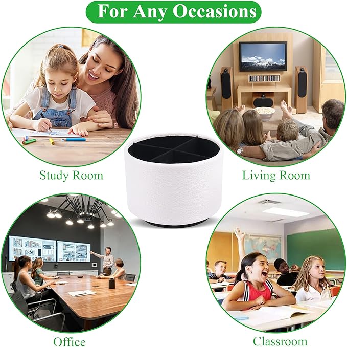 Hennaja Round Leather Art Supply Organizer,Remote Control Holder,360 Degree Spinning,Multi-Functional Pencil Holder,4 Compartments Desktop Stationary Organizer(1-Lichee White)