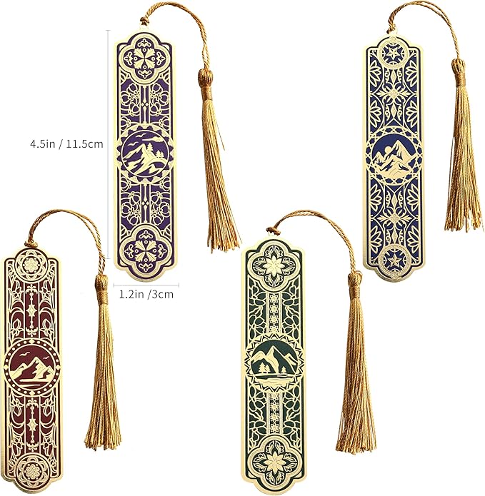 4 Pieces Metal Bookmarks with Tassel Big Size, Golden Vintage Aesthetics Scenery Mountain Theme Book Mark, Bookmark for Women Book Lovers Gift Writers Readers Teens Men