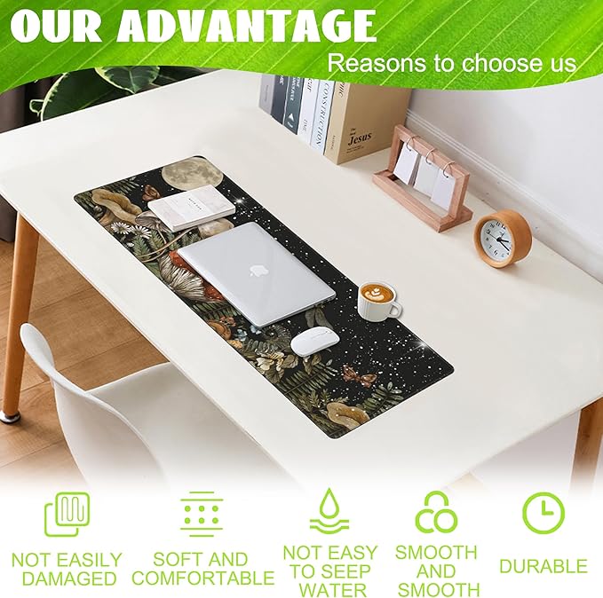 Large Gaming Mouse Pad for Desk,Cute Forest Mushroom Desk Mat,Starry Night Mushroom Desk Pad,Extended Big Computer Keyboard Mouse Pad with Non-Slip Base and Stitched Edge,31.5"x11.8"