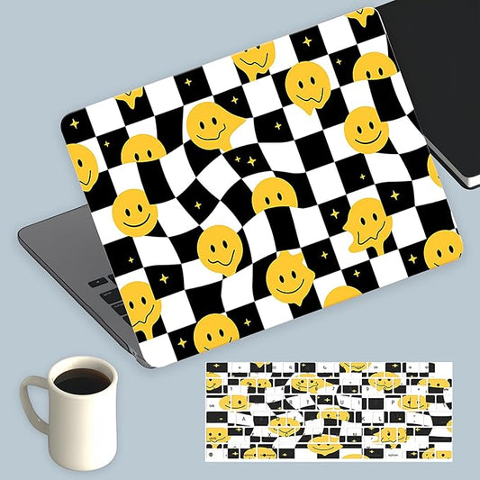KEROM Compatible for MacBook Air 13 inch Case 2025 M4, 2024-2022 M3 M2 A3240 A3113 A2681, Cute Sleek Aesthetic Plastic Hard Shell with Keyboard Cover for Mac Air 13.6 inch Case, Checkered Smiley Face