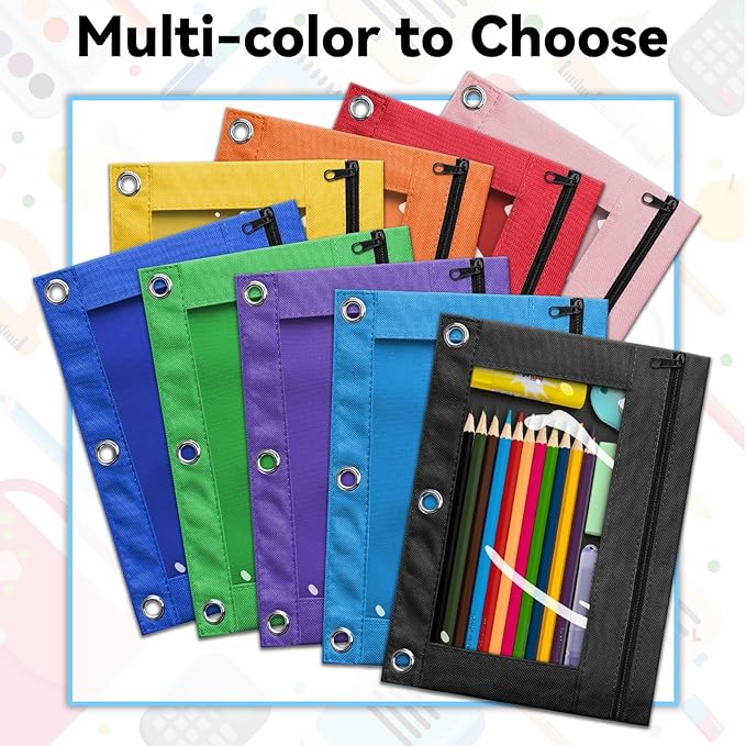 V-Opitos Pencil Pouch for 3 Ring Binder, 2 Pack 3-Holes Zipper Pencil Pouches, Sturdy and Durable Cloth Pencil Case with Clear Window for Office School College Supplies