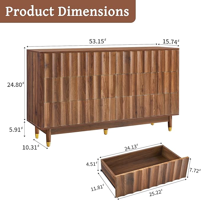 Fluted 6 Drawer Dresser, 53" Wide Modern Storage Chest of Drawers, Wood Drawer Organizer for Bedroom, Living Room, Hallway