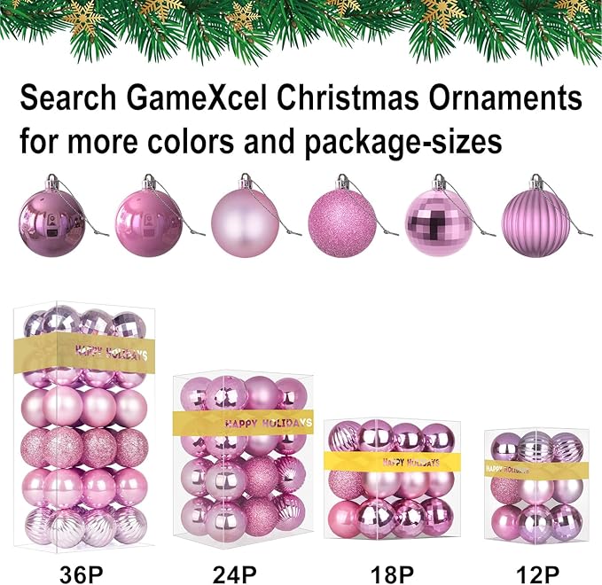 Bubblegun Pink 1.6" Small Christmas Balls Christmas Tree Decoration Ornaments Shatterproof Hanging Balls for Birthday Halloween Holiday Wedding Decorations Set of 24pcs