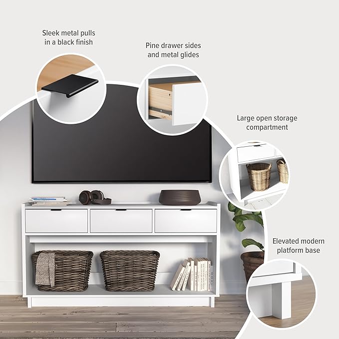 Prepac White Simply Modern Entryway Table, Narrow Console Table with 3 Drawers, Media Console with Storage, 15.75" D x 60.25" W x 32" H