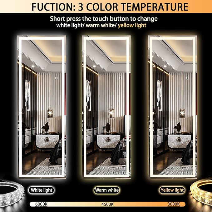 Hasipu Full Length Mirror with Lights, 56" x 15.8" LED Floor Mirror, Full Body Dressing Standing, Hanging Mounted Mirror for Living Room Bedroom Cloakroom, Square Black