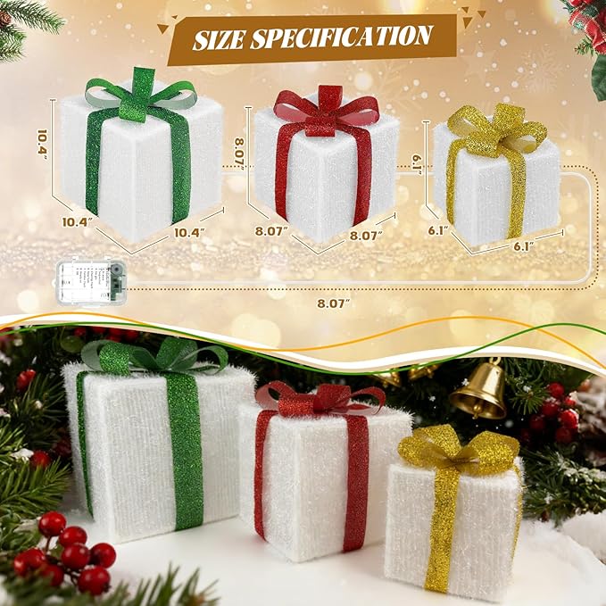 Set of 3 Christmas Lighted Gift Boxes, Large Gift Boxes for Christmas Decorations Outdoor, 50 LED Xmas Box Decorations, Plug-in Warm White Present Box for Indoor/Outdoor, Xmas Tree, Home