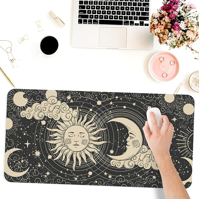 Desk Mat,Celestial Sun and Moon Extended Gaming Mouse Pad for Office Work & Game,Computer Keyboard Mouse Mat Desk Non-Slip Rubber Base Large Mousepad with Stitched Edges, 31.5x15.7inch