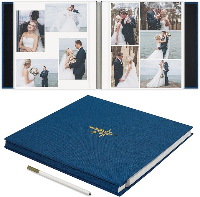 Self Adhesive Photo Album, Navy Blue Scrapbook Album with DIY 60 Blank Pages, Wedding Photo Album with A Metallic Pen for 4x6 5x7 2x3 Pictures,12.9"x13.4"