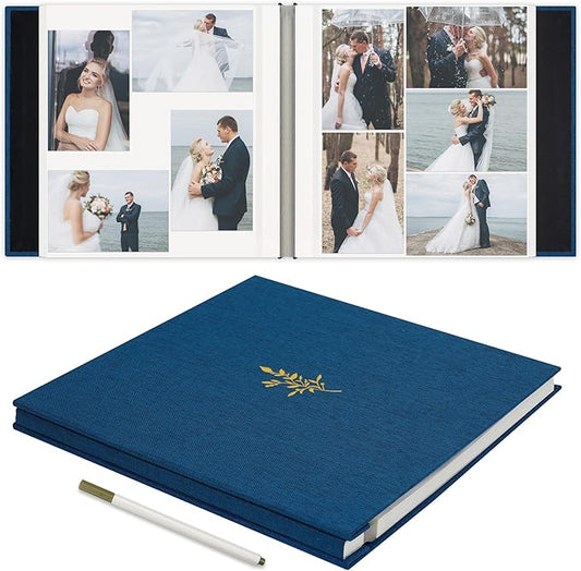 Self Adhesive Photo Album, Navy Blue Scrapbook Album with DIY 60 Blank Pages, Wedding Photo Album with A Metallic Pen for 4x6 5x7 2x3 Pictures,12.9"x13.4"