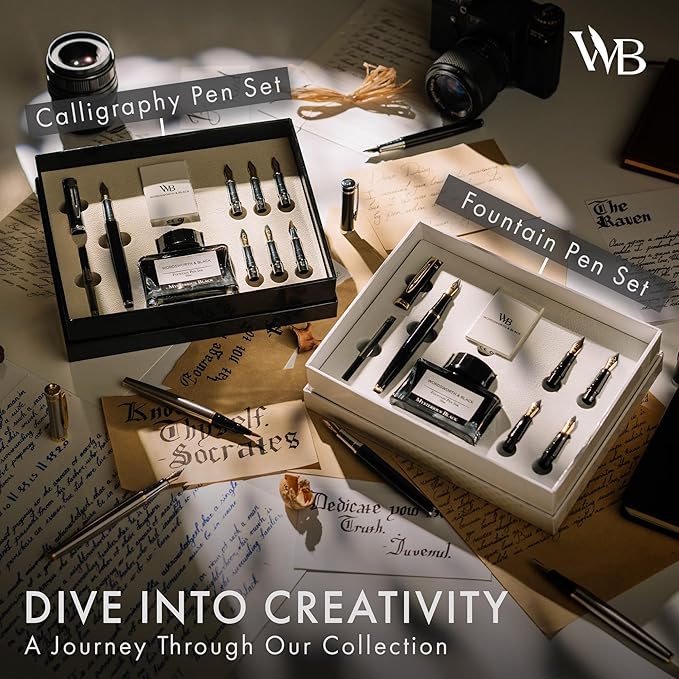 Wordsworth & Black Calligraphy Pen Gift Set, Includes Bottle, 6 Cartridges, Refill Converter, 6 Replacement Nibs, Premium Package, Journaling, Smooth Writing Pens [Blue Chrome]