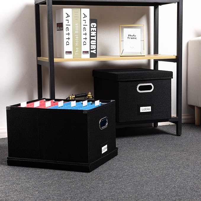 PRANDOM File Organizer Box - Set of 2 Collapsible Decorative Linen Filing Storage Hanging File Folders with Lids Office Cabinet Letter/Legal Size Black (17x14x11.2 inch)