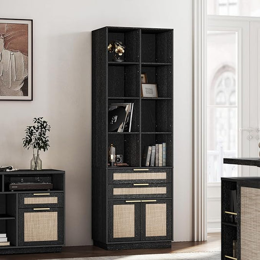 Bookshelf, Bookcase with Doors and 2 Drawers, Rattan Tall Bookshelf with 4-Tier Storage Shelves, 73 inch Wooden Book Shelf for Home Office, Living Room, Black