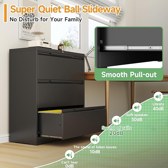 3 Drawer Lateral File Cabinets with Lock,Metal Filing Cabinet for Home Office,Wide Office Storage Cabinet with Hanging Bars for A4 Legal/Letter Size(Easy Assembly)