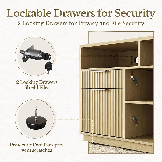 4 Drawer File Cabinet, Fluted Wood Lateral Filing Cabinet with Lock and Charging Station for Home Office, Printer Stand with Open Storage Shelves, Fits A4, Letter Size, Light Waulnut