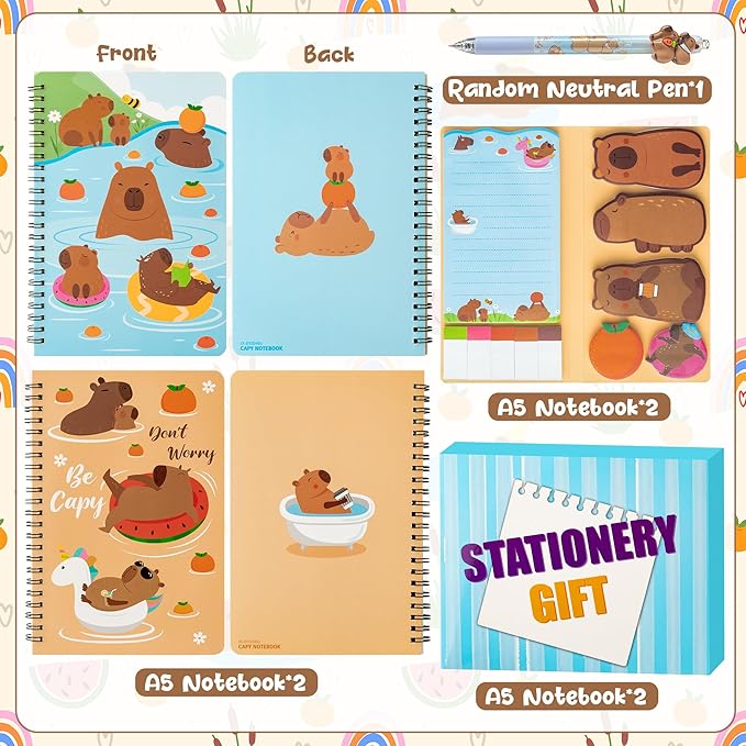 B1ykin Stationery Gift Set - 3Pcs Notebook Sticky Notes, Kawaii A5 Spiral Notebooks & 550 Sheets Cute Sticky Notes with Pens Kit for Office School Kids Students Birthday Supplies (Capybara)