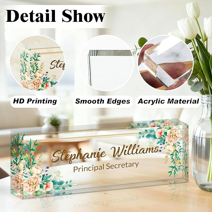 Ship Next Day-Custom Name Plate for Desk, Desk Name Plate Personalized, Acrylic Office Desk Accessories, Appreciation Gifts for Coworkers Employee Teachers Boss Women Men (Pink Peony)