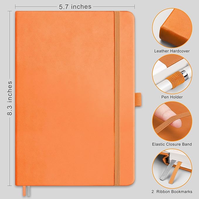 RETTACY Bullet Dotted Journal Notebook, 192 Pages, A5 Medium Size (5.7'' x 8.3''), Leather Hardcover, 100 GSM Thick Paper, for Bullet Journaling, Planning, Tracking (Orange)