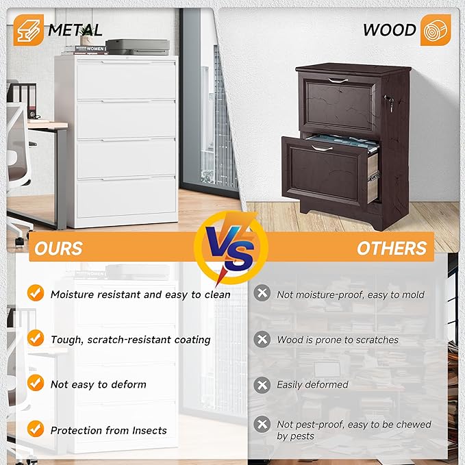 Bestoo 4 Drawer Lateral File Cabinet, Metal Lateral Filing Cabinet with Lock for Hanging Files Letter/Legal/F4/A4 Size, Easy Assemble White