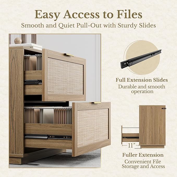 2 Drawer Rattan File Cabinet, 32'' Lateral File Cabinet for Legal/Letter/A4/F4 Size Hanging Files, Wood File Storage for Home Office, Natural Oak