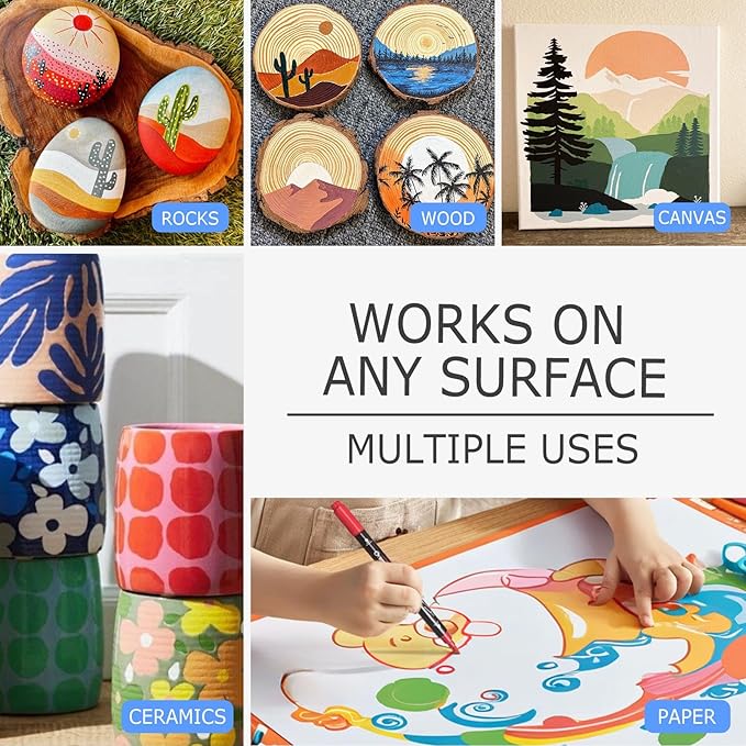 Overseas White Acrylic Paint Markers, 6 Pack Dual Tip Paint Pens Acrylic Markers - Dot and Brush Tip Coloring Marker for Wood, Rock, Canvas, Glass, Metal, Plastic, Rubber, Fabric, School Supplies