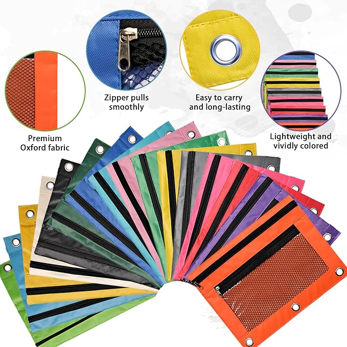 64 Pcs Pencil Pouch for 3 Ring Binder 16 Colors Zippered Pencil Pouch Bags Bulk Binder Pencil Case with Clear Window for Classroom School and Office