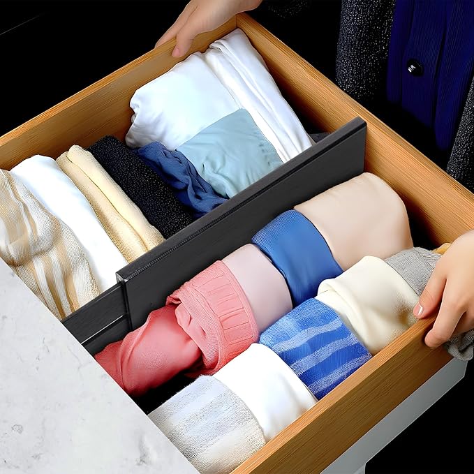 Utoplike Bamboo Dresser Drawer Dividers, 4'' High Adjustable Drawer Organizers for Clothing, Spring Loaded, Works in Kitchen, Bathroom, Bedroom, Drawer, Desk, 4 PCS, Black