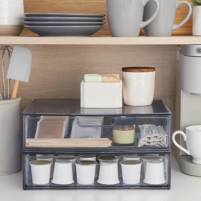 STORi STAX Plastic Stackable Organizer Drawers (Set of 2) Classic Grey | 12.5" Wide | Set Includes Two Open Drawer | Organize Office Desk Accessories & Sort Paper | Made in USA