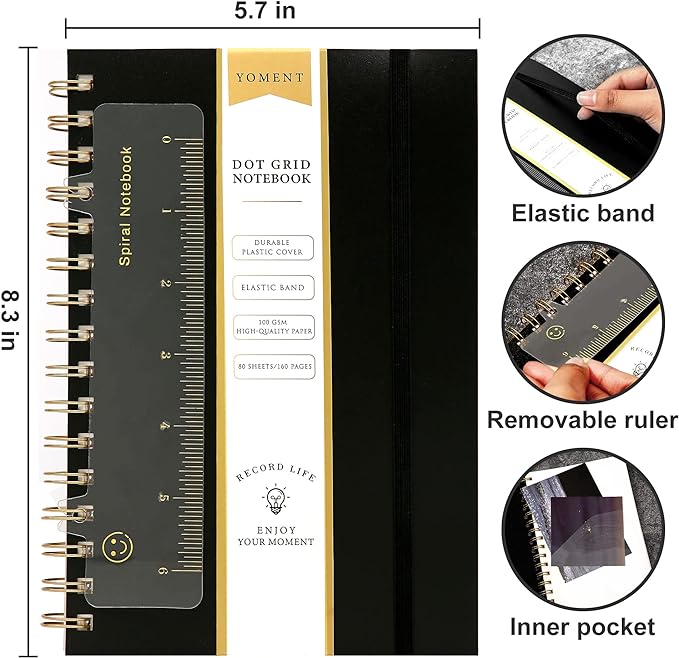 Dot Grid Spiral Notebook A5 Spiral Bullet Dotted Journal 160 Pages Thick Dot Paper Notebooks Plastic Hardcover Spiral Notebook 5x7 Wire Bound Notebooks for Note Taking School Office Supplies,Black