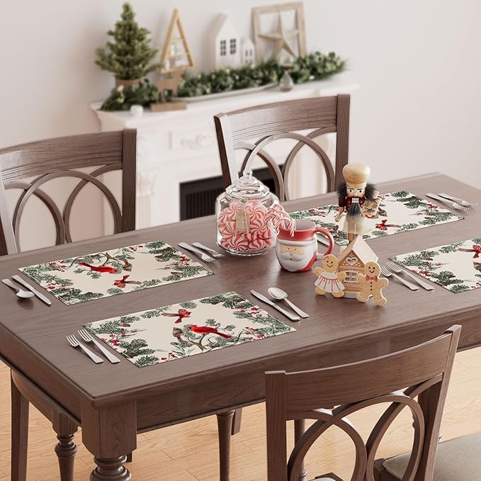 XCHI Cardinal Birds Winter Pine Tree Christmas Xmas Placemats Set of 6 Table Mats for Party Home Kitchen Dining Table Decorations 12x18 Inch