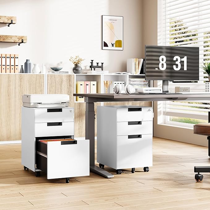 Mobile File Cabinet,3 Drawer Locking Storage Filing Cabinet,Office Metal Storage Cabinet on Wheels for Legal/Letter/A4 File(Fully Assembled，White)