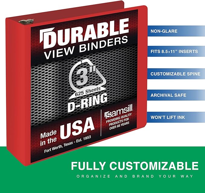 Samsill Durable 3 Inch Binder, Made in The USA, D Ring Binder, Customizable Clear View Cover, Ruby Red, Holds 625 Pages