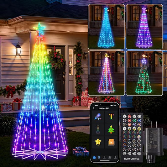 Brightown Smart Christmas Cone Tree LED Lights, 7.5ft 295 Music Sync with Remote APP and Local Control, Pattern Text Displayable, 16 Million Colors Light Show for Indoor Outdoor Decorations