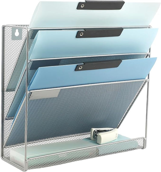 EASEPRES Desk File Organizer Mesh 4-Tier, Hanging Wall Mount Document Organization Stand, Desktop Vertical Mail Paper Folder Holder Rack with Bottom Tray for Office Home Cubicle Countertop, Silver