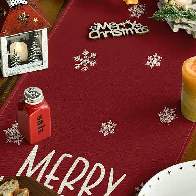 Artoid Mode Xmas Trees Snowflakes Red 210 GSM Merry Christmas Table Runner, Winter Kitchen Dining Table Decoration for Home Party Decor 13x36 Inch