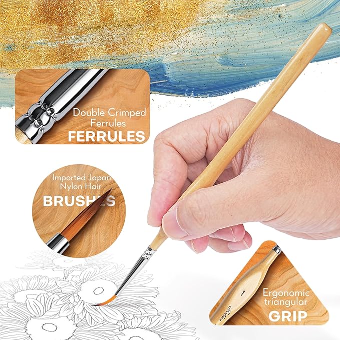 Golden Maple Miniature Paint Brushes 10pcs Detail Paint Brushes Flat Angle Filbert Fine Detail Brush Set for Acrylic, Watercolor, Miniature Models