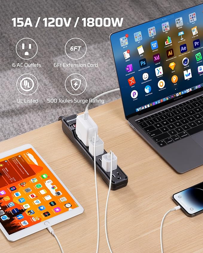 DEWENWILS 15 Foot Long Power Strip, 6-Outlet Power Strip 15FT, 15 Amp Circuit Breaker, Low Profile Flat Plug, Surge Protector for Office, Living Room, Bedroom, 4 Pack, Wall Mount, Black