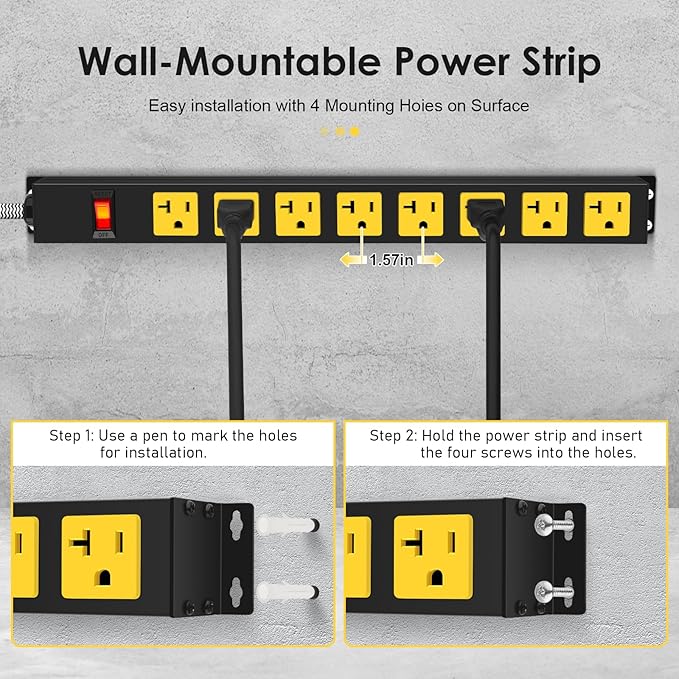 20Amp Power Strip Surge Protector, Durable Metal 8-Outlets with Heavy Duty 20 amp 15Ft 12 Gauge Extension Cord for Garage Workshop & Industrial Use, 1200J