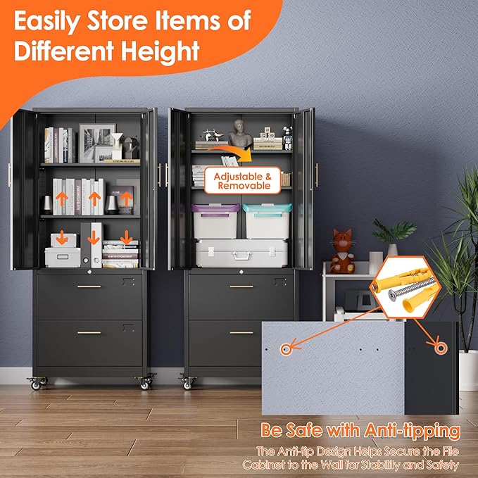 Aobabo Metal 2 Drawers Lateral File Storage Cabinet and Unit Adjustable Shelf Organizer, 2 Door Storage Office Steel Files Cabinet with Wheels, Legal/Letter A4 Size, Assembly Required, Black