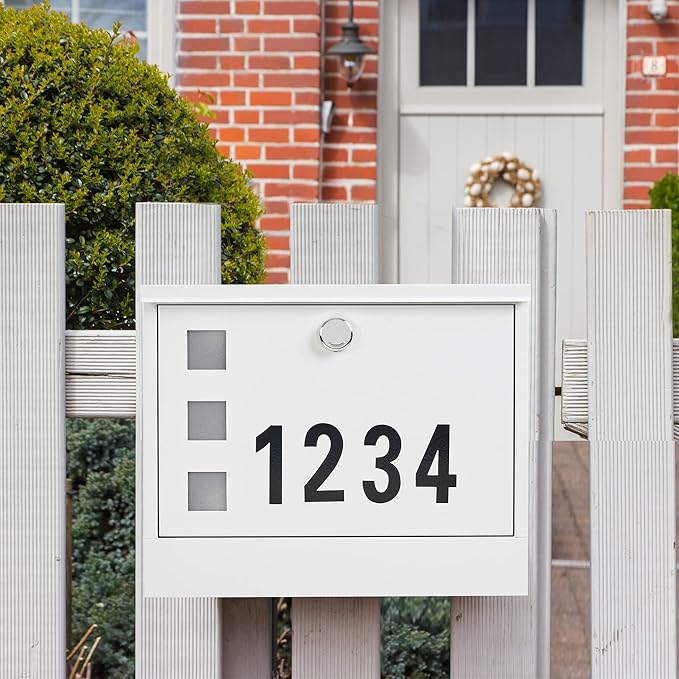 LAND·VOI Locking Mailbox Wall Mounted, Metal Postbox with Three Sets of Mail Box Number Stickers, 4 Keys, 14.4" x 4.5" x 11.2", Large Capacity, Textured White, AMB11W