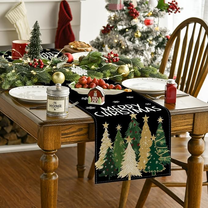 Artoid Mode Xmas Trees Snowflakes Black Merry Christmas Table Runner, Winter Seasonal Kitchen Dining Table Decoration for Home Party Decor 13x60 Inch