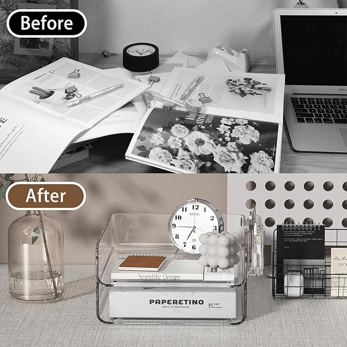 2-Tier Acrylic Paper Tray Organizer with Pen Holder | Clear Stackable Desk Organizer for Documents, Letters, A4 Paper | Modern Office/Classroom/Home Organization