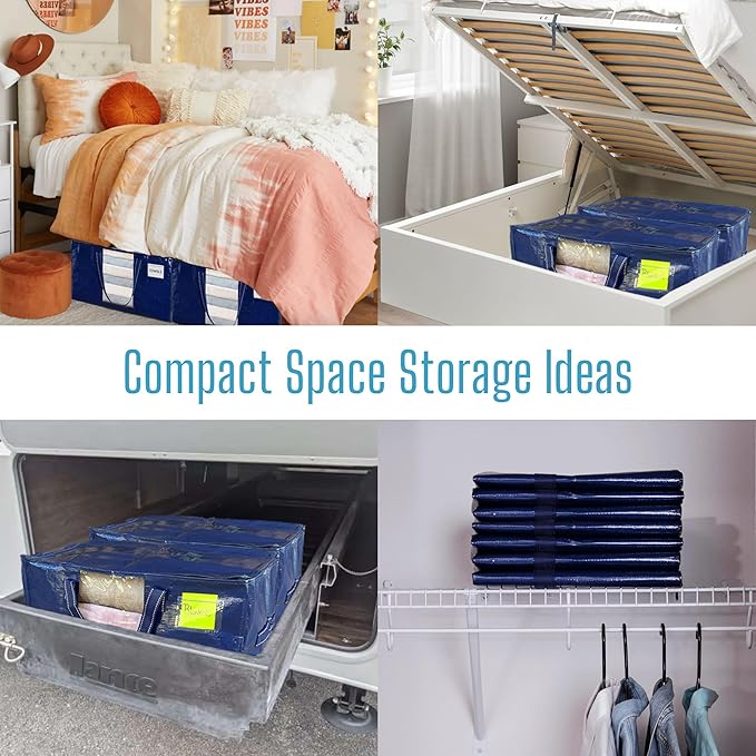 VENO 4 Pack Moving Bags, Comforter and Blanket Storage Bags for Closet, Moving Boxes, Boxes with Lids Alternative, College Dorm Packing Supplies, Foldable Heavy-Duty Tote with Window (Blue, 4 Pack)