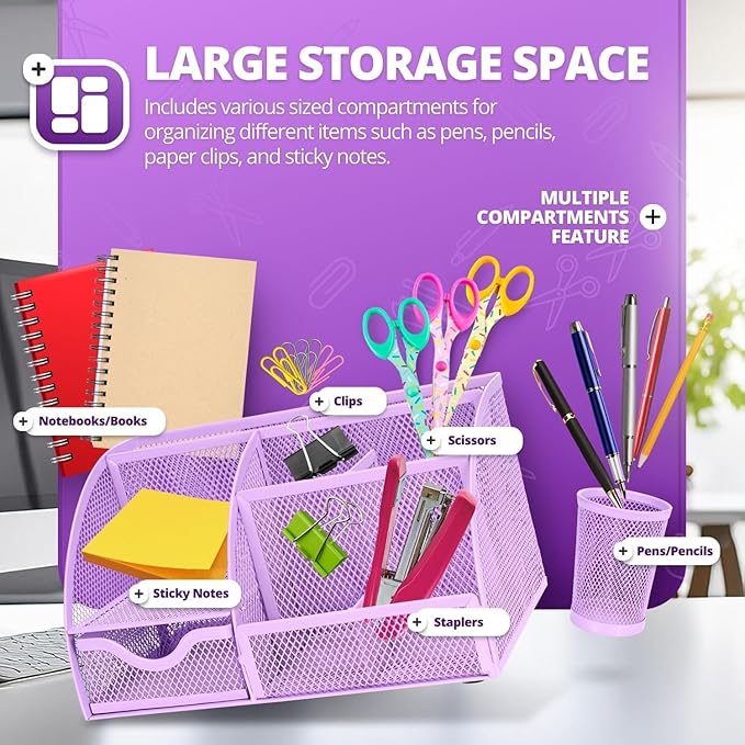 Flexzion Desk Caddy Organizer Set (Purple) - Metal Mesh Desktop Caddy with Drawers, 6 Compartments, and Pencil Holder for Women & Men - Desktop Organizer and Storage for Work or Office Supplies