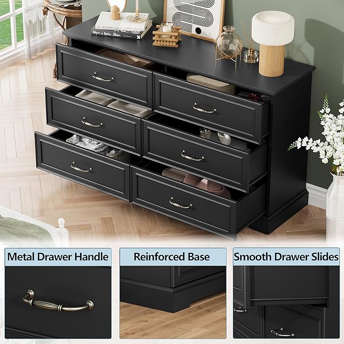 6 Drawer Dresser for Bedroom, 53" Wide Wooden Chest of Drawers, Rustic Farmhouse Dresser with Large Drawers & Metal Handles, Modern Storage Organizer for Closet, Living Room, Hallway, Black