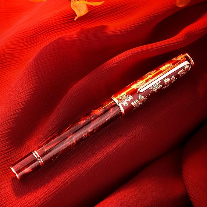 Hongdian N8 Red Acrylic Resin Fountain Pen, Iridium Extra Fine Nib Rose Gold Trim Maple Leaf Carving Cap, Smooth Writing Pen with Converter and Metal Pen Box Set