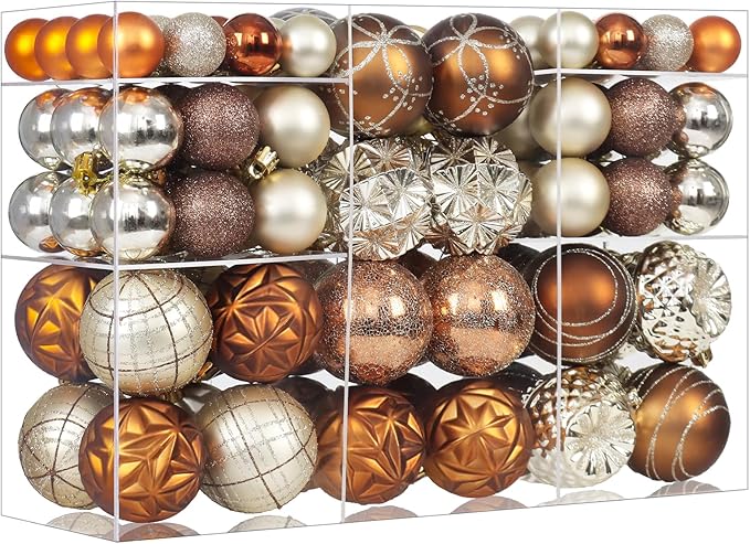 100ct Brown and Gold Christmas Ornaments Set, Shatterproof Xmas Tree Ornaments Decorations Collection, Hanging Plastic Christmas Balls for Holiday Party Wedding (Brown&Gold)