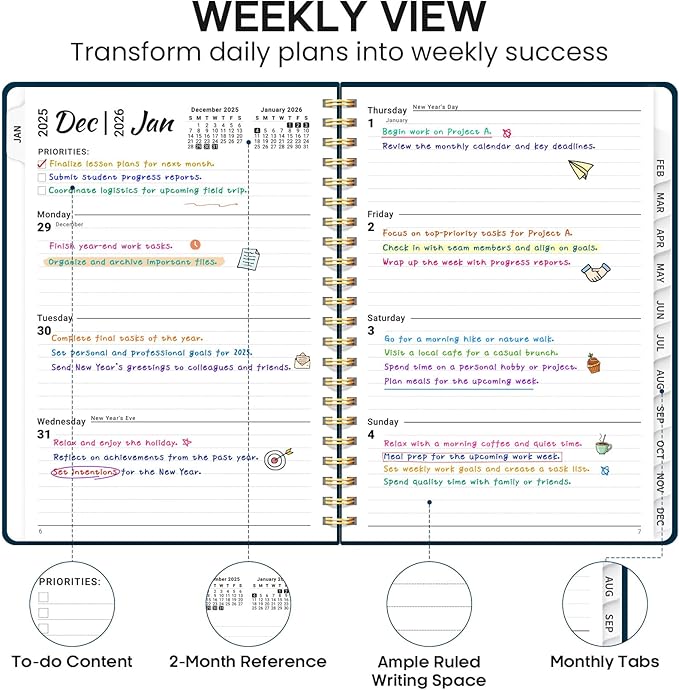 2026 Planner 8.5" x 11", Weekly and Monthly Calendar Planner Book, January 2026 - December 2026, Hardcover Spiral Planner with Monthly Tabs, Notes Pages, Perfect for Women & Men, A4 - Navy